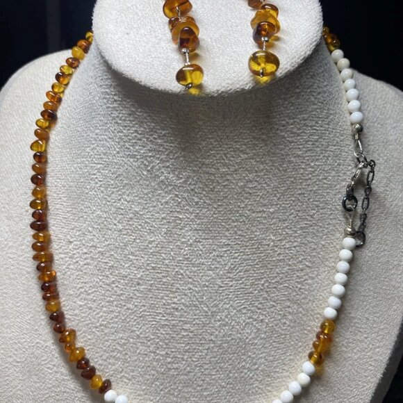 Amber Bead Necklace with Earrings, Sterling Silver 925, 18” Chain - Picture 8 of 11